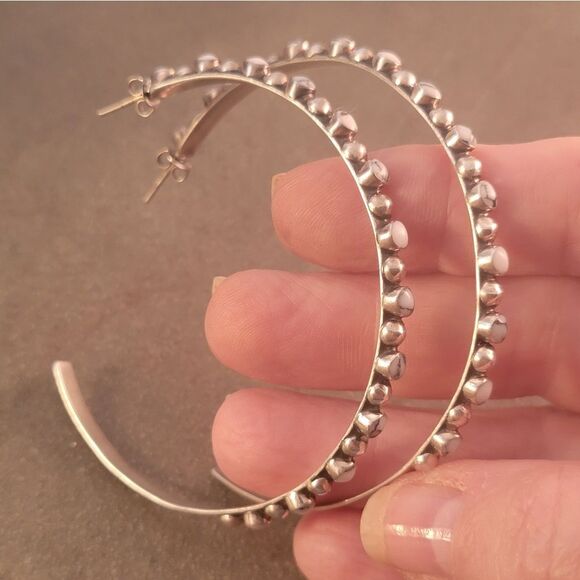 Sterling Extra Large Dendritic Stone and Sterling Bead Hoop Earrings - Picture 1 of 10